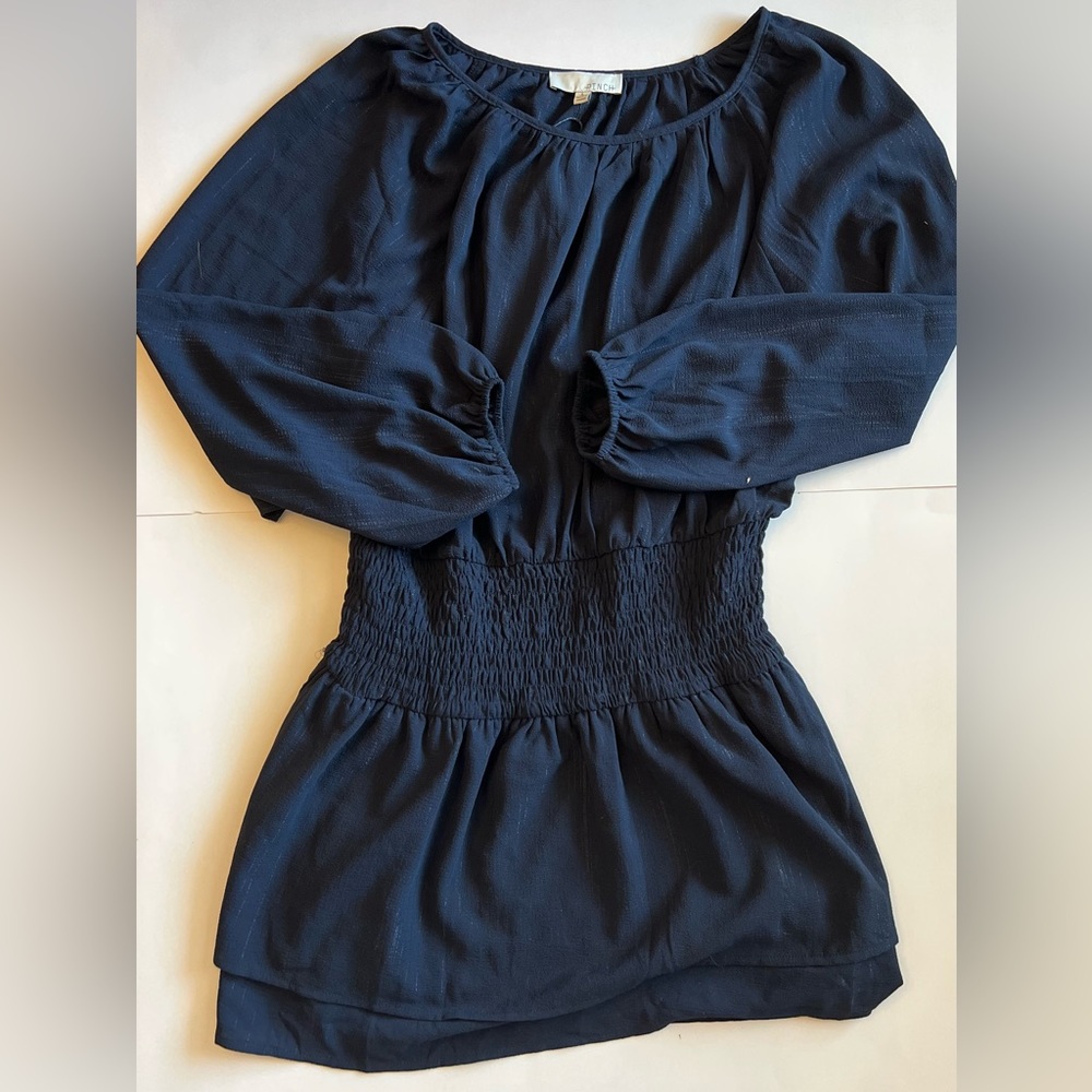 SMOCKED WAIST NAVY MINI DRESS
